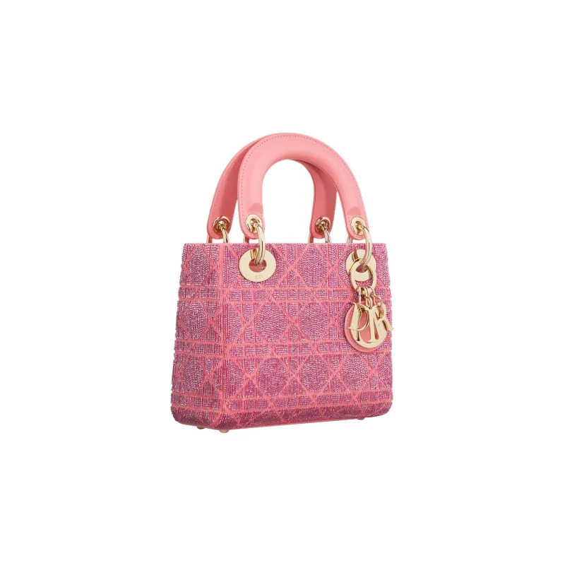 DIOR Lady Dior Cotton Beaded Embroidery Lady Dior Bag, Shoulder Bag, Crossbody Bag, Handbag Mini Women's Pink-1