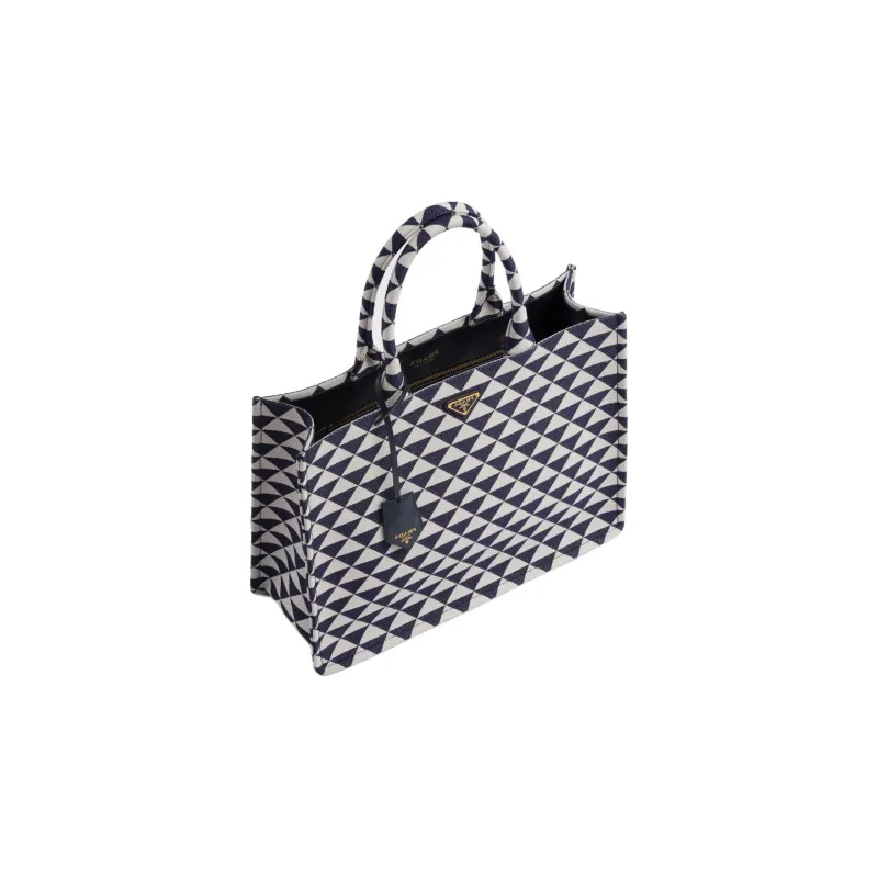 PRADA Symbol Fabric With Leather Tote Bag Shopping Bag Handbag Men's Blue/White-3