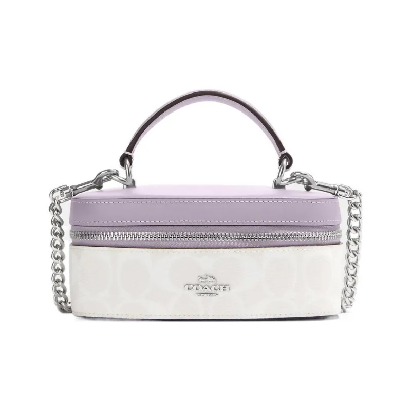 COACH Canvas With Leather Box Bag, Handbag, Shoulder Bag, Crossbody Bag Trumpets Women's White & Purple-0