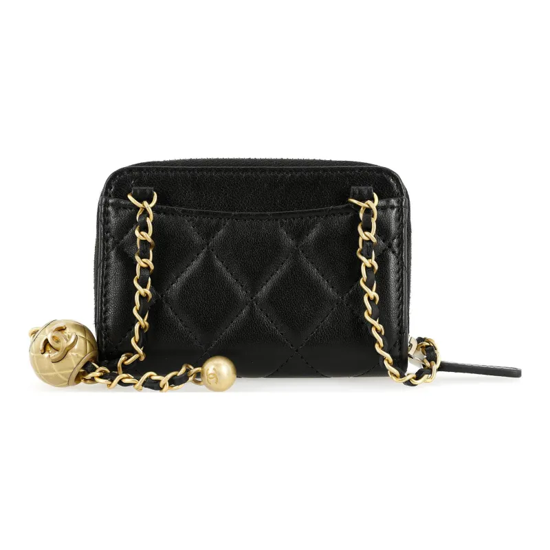 CHANEL Little Golden Ball Lambskin Card Holder, Coin Purse Mini Women's Black-2