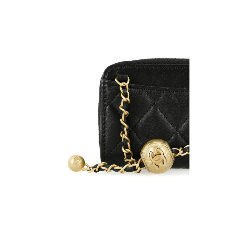 CHANEL Little Golden Ball Lambskin Card Holder, Coin Purse Mini Women's Black-4