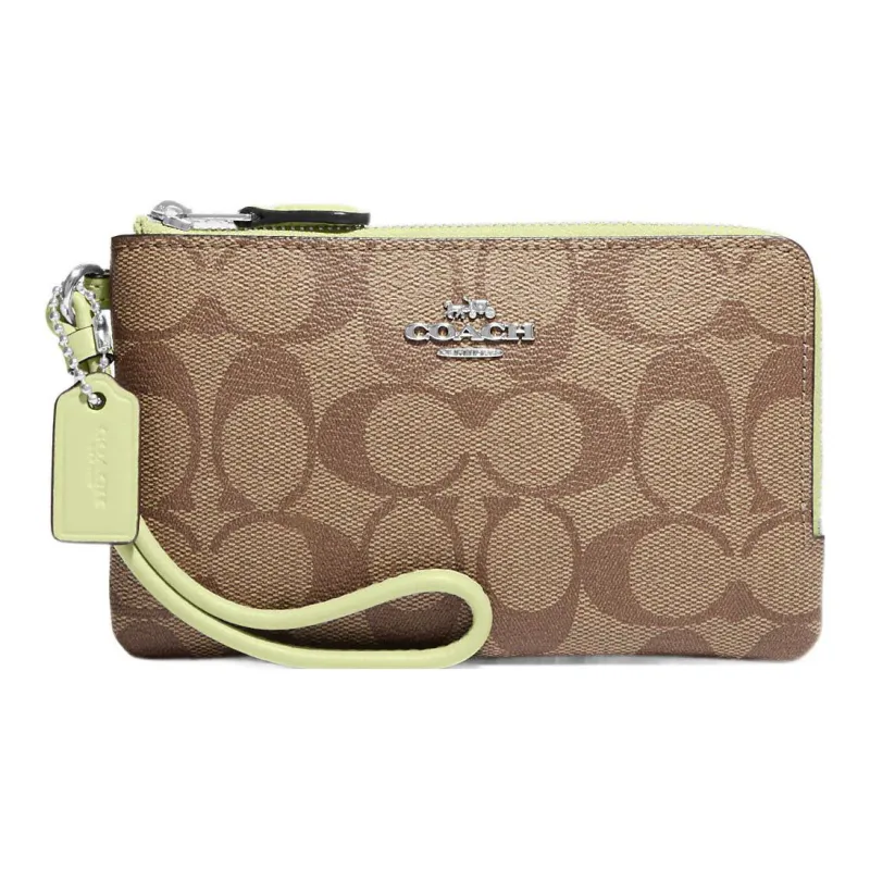 COACH Double Zip Wallet Canvas Wrist Pouch Coin Purse Wallet Women's Brown-0
