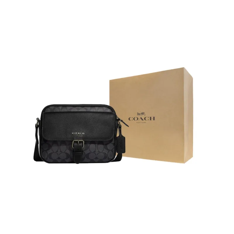COACH Hudson Coated Canvas With Natural Pebbled Leather Shoulder Bag Crossbody Bag Medium Size Men's Black-7