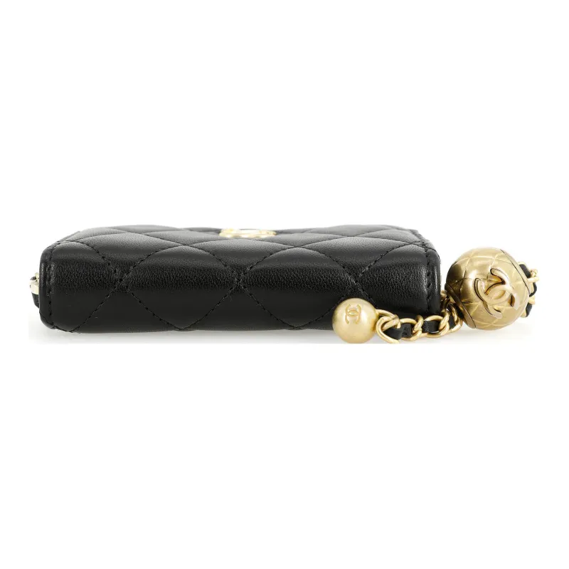 CHANEL Little Golden Ball Lambskin Card Holder, Coin Purse Mini Women's Black-3