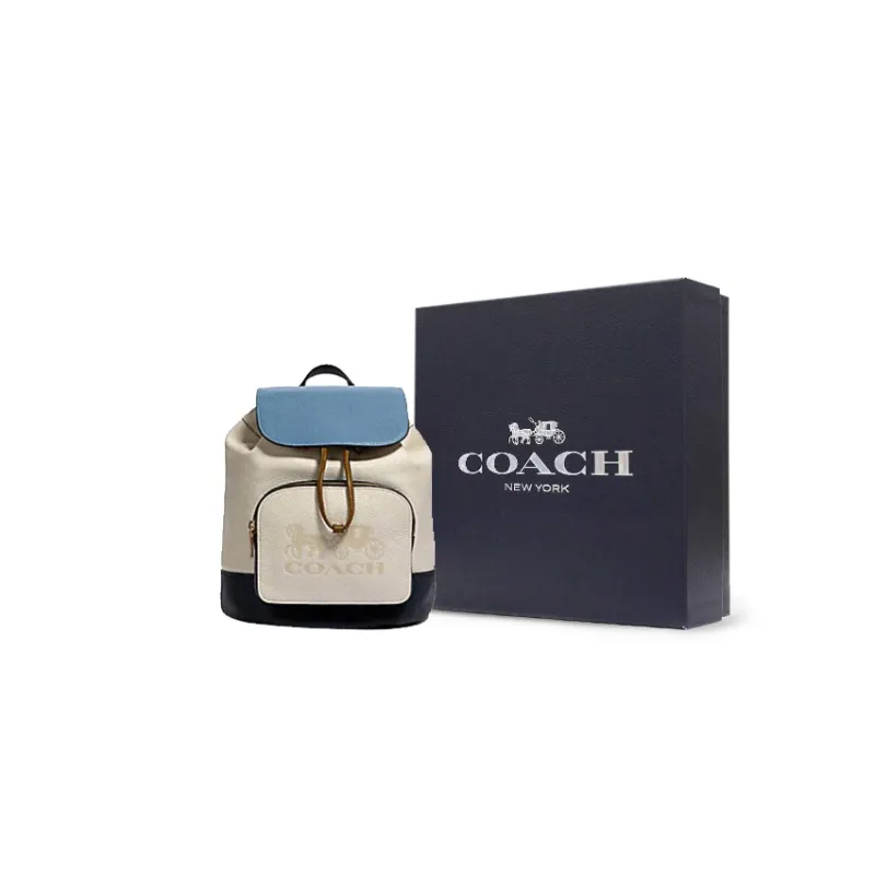 COACH Jes Pebbled Leather Backpack Large Size Women's Ivory Grey With Blue Accents Black-5