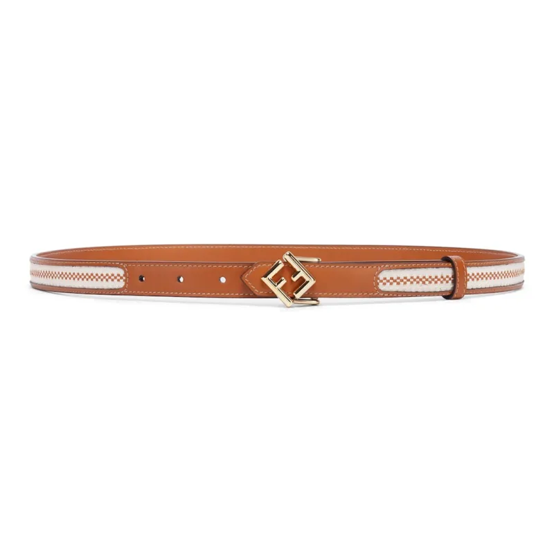 FENDI Double F Letter Embroidery Smooth Buckle Leather Belts Unisex Brown Width  2CM-1