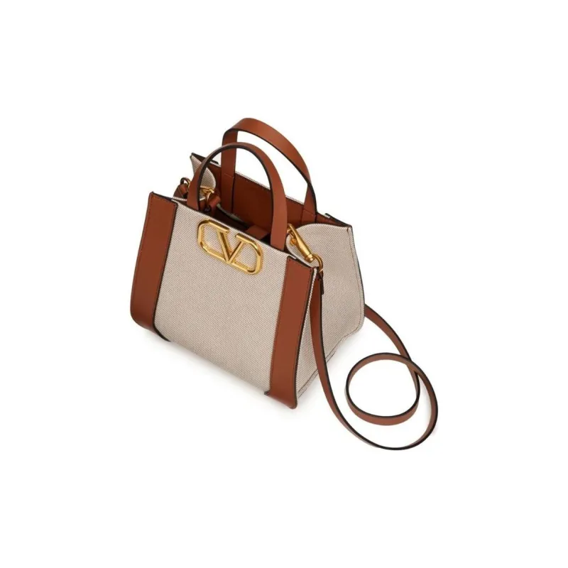 Valentino Vlogo Canvas With Leather Canvas Bag Shoulder Bag Crossbody Bag Handbag Small Size Women's Beige/Saddle Brown-3