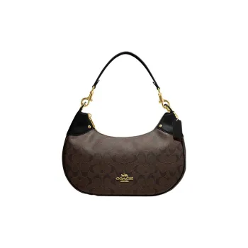 COACH Hobo Canvas With Leather Crescent Bag Shoulder Bag Women's Brown Black