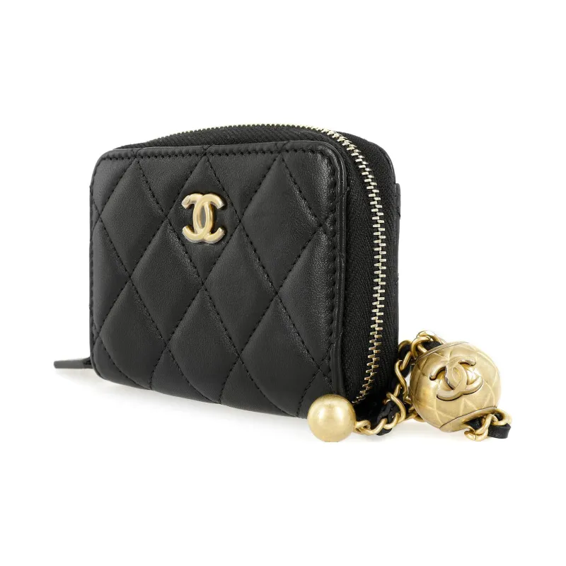 CHANEL Little Golden Ball Lambskin Card Holder, Coin Purse Mini Women's Black-1