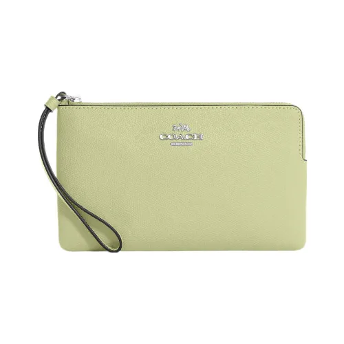 COACH Corner Zip Cross Grain Leather Wallet Wrist Bag Clutch Small Size Women's Grass Green