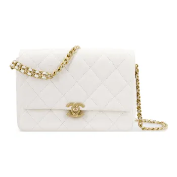 CHANEL Grained Calfskin Mouth Cover Bag Crossbody Bag Regular Women's White