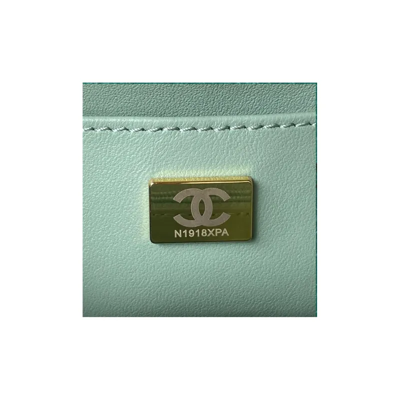 CHANEL Lambskin With Tweed Portable One Shoulder Crossbody Makeup Bag Trumpets Women's Light Blue Green-4