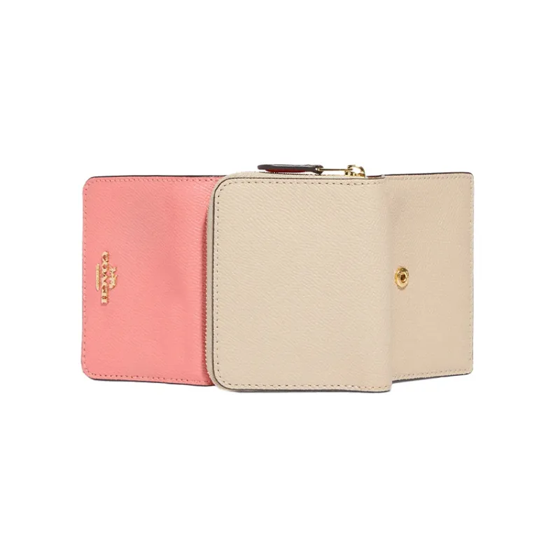 COACH Trifold Wallet Cross-Stitch Leather Clutches Card Holder Wallet Small Size Women's Candy Pink-3