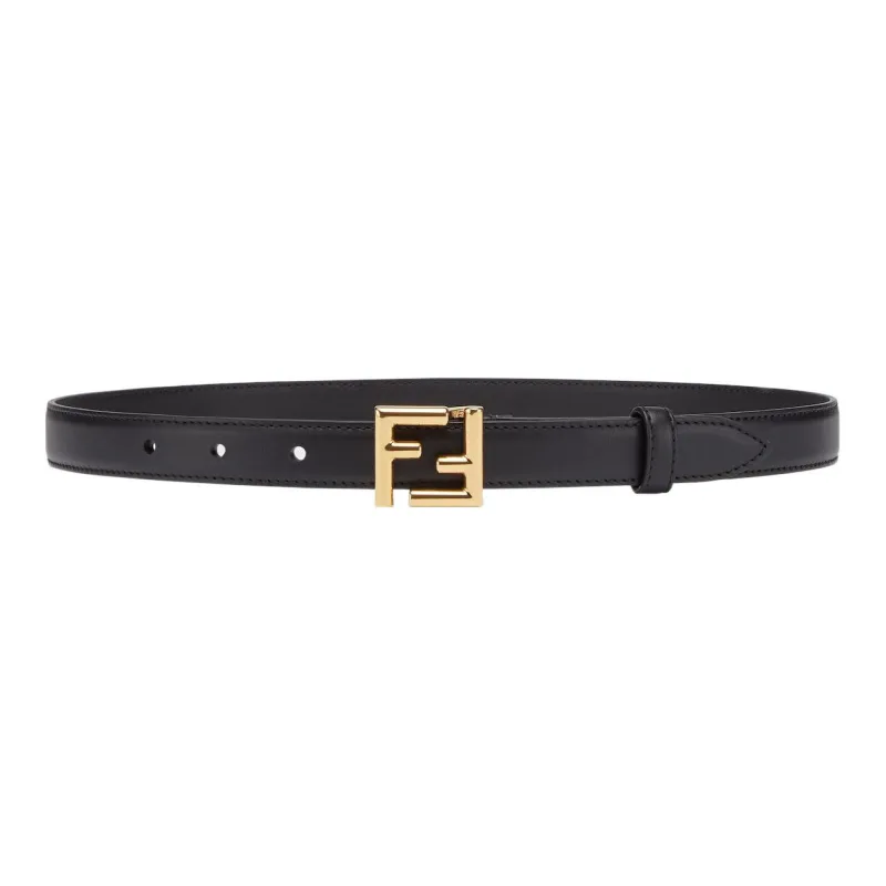 FENDI Chain Detail Smooth Buckle Leather Belts Women's Black Width 3.5cm-0