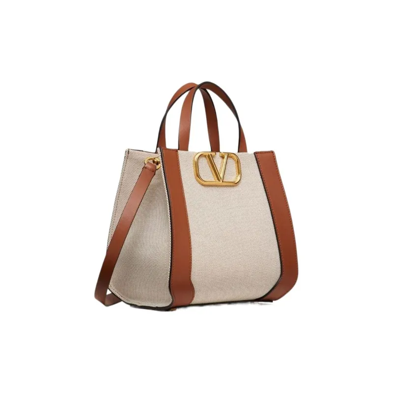 Valentino Vlogo Canvas With Leather Canvas Bag Shoulder Bag Crossbody Bag Handbag Small Size Women's Beige/Saddle Brown-1
