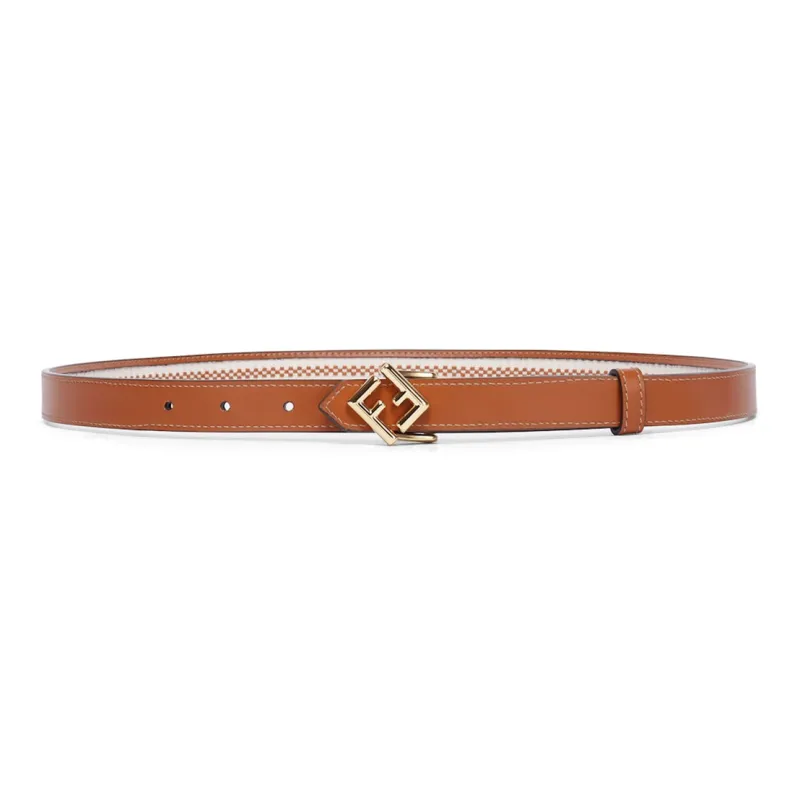 FENDI Double F Letter Embroidery Smooth Buckle Leather Belts Unisex Brown Width  2CM-0