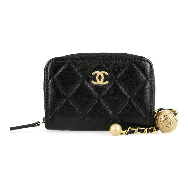 CHANEL Little Golden Ball Lambskin Card Holder, Coin Purse Mini Women's Black-0