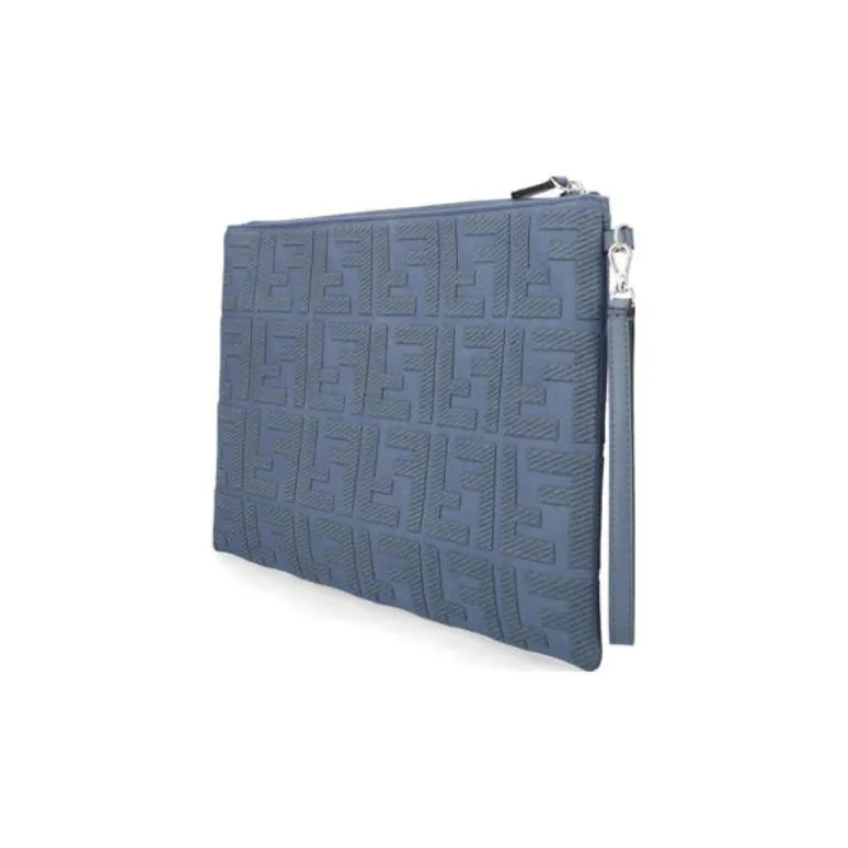 FENDI Fabric With Cow Leather Clutch Large Size Women's Blue-2