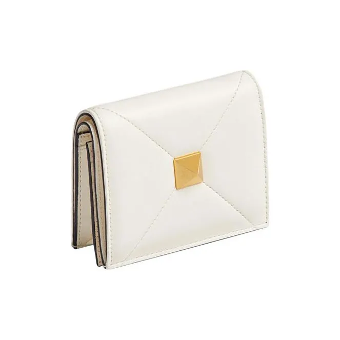 Valentino Roman Stud Napa Calf Leather Card Holder, Wallet Trumpets Women's White-1