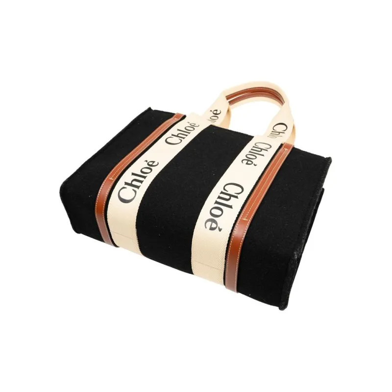 Chloe Woody Smooth Finish Calfskin Tote Bag Shopping Bag Shoulder Bag Handbag Medium Size Women's Black/Brown-1