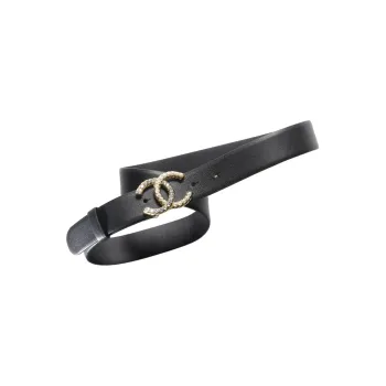 CHANEL 23A Double C Inlay Smooth Buckle Cow Leather Leather Belts Women's Black