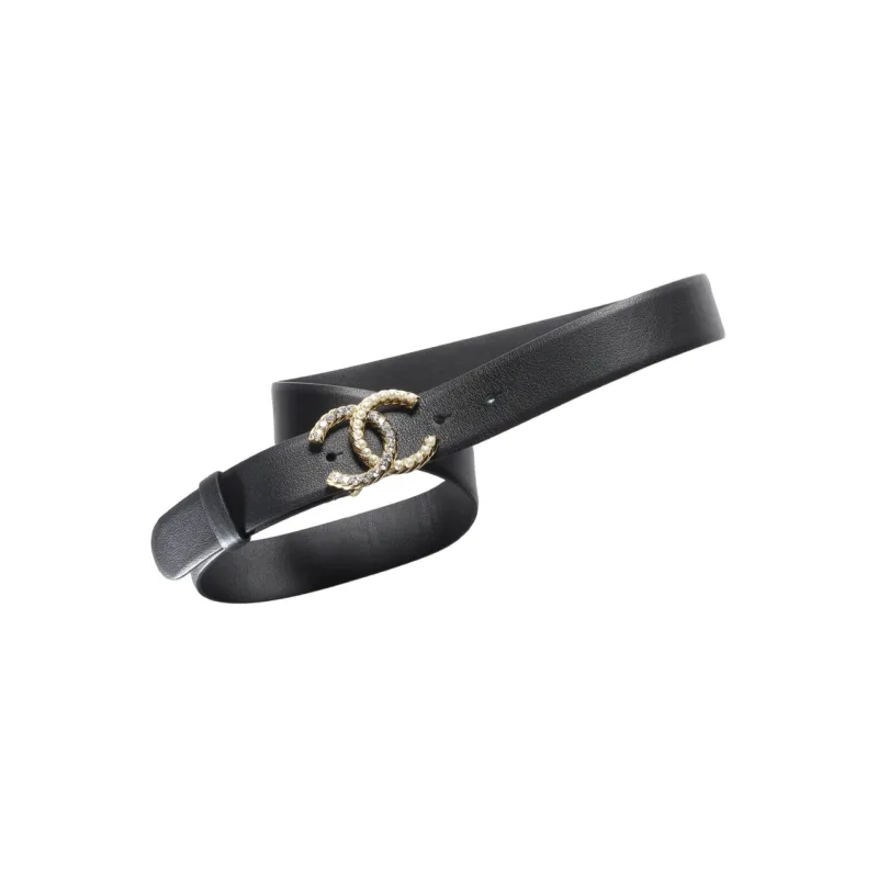 CHANEL 23A Double C Inlay Smooth Buckle Cow Leather Leather Belts Women's Black-0