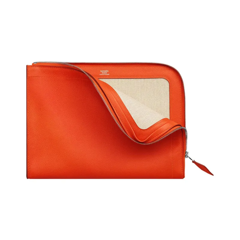 HERMES Zip Tablet Evercolor Calfskin Clutch Women's 9 JFeu Flame Orange-1