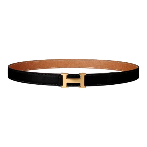 HERMES Mini H Double Sided Smooth Buckle Leather Belts Women's Black Width 2.4cm