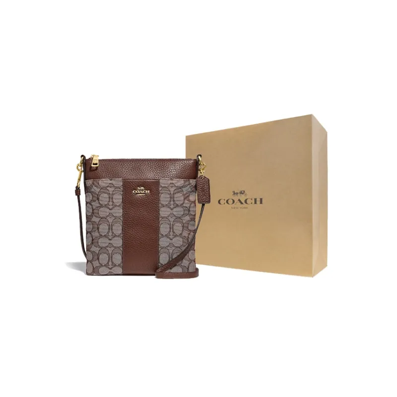 COACH Kitt Leather Messenger Bag Crossbody Bag Trumpets Women's Brass/Oak Maple Brown Red & Monogram-4
