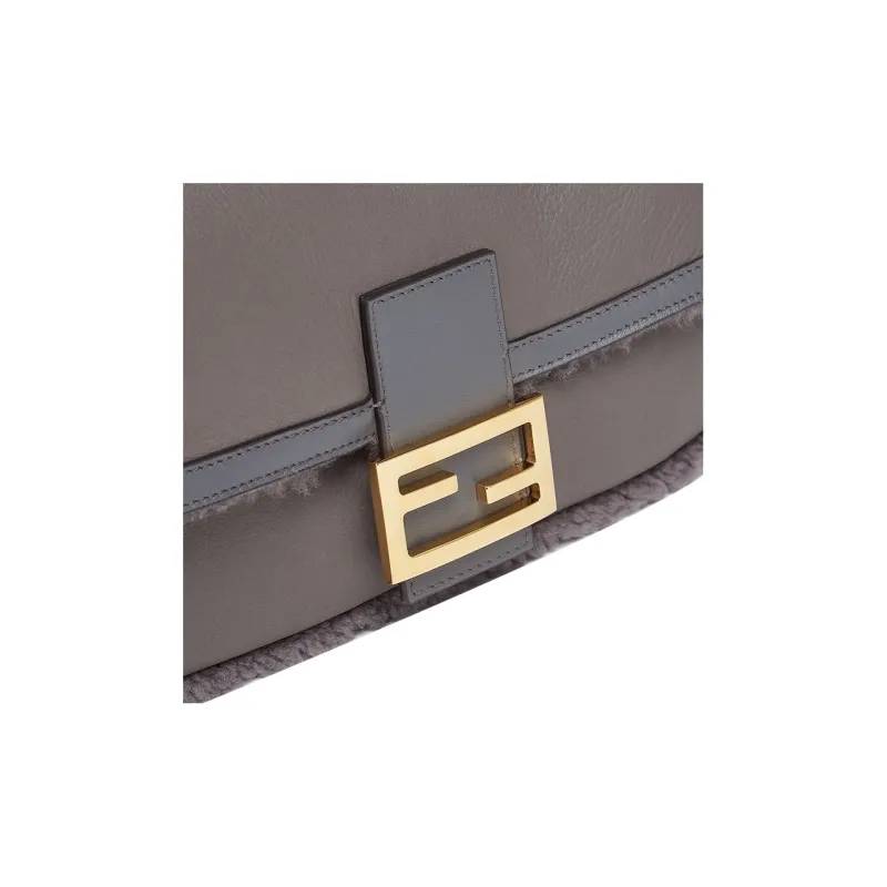 FENDI Baguette Lambskin Mixed Sheep Wool Portable Crossbody Bag Shoulder Bag Women's Dark Gray-4