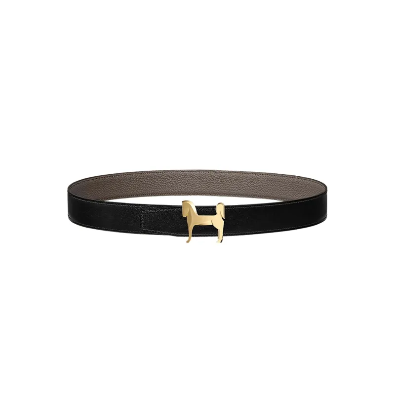 HERMES Panache Cow Leather Belts Men's Gray, Black 3.2cm-0
