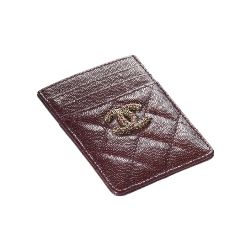 CHANEL Shiny Grained Calfskin Coin Purses Card Holders Women's Burgundy-1