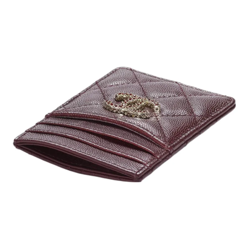 CHANEL Shiny Grained Calfskin Coin Purses Card Holders Women's Burgundy-2