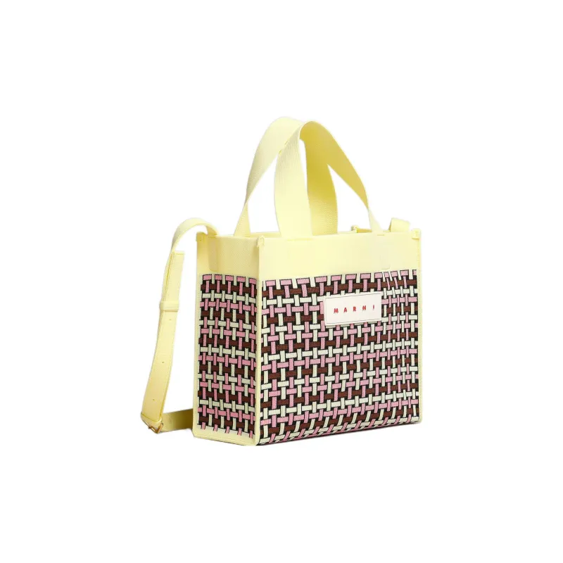 MARNI Polyester Polyurethane Aluminum Tote Bag Shopping Bag Handbag Small Size Women's Light Yellow/Pink-1
