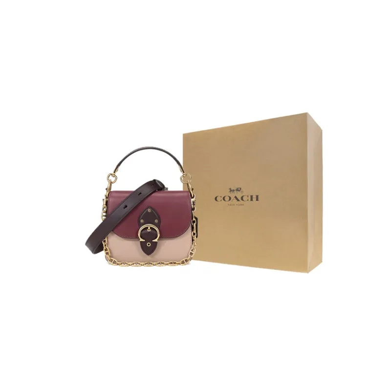 COACH Beat Leather Saddle Bag Crossbody Bag One Shoulder Handbag Small Size Women's Burgundy Multicolor-7