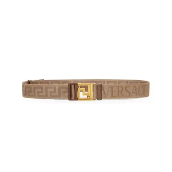 VERSACE Logo Letter Print Smooth Buckle Calfskin Leather Belts Men's Brown