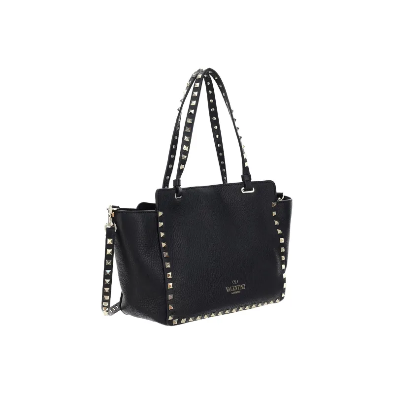 Valentino Rockstud Cow Leather Tote Shoulder Bag, Handbag Medium Size Women's Black-3