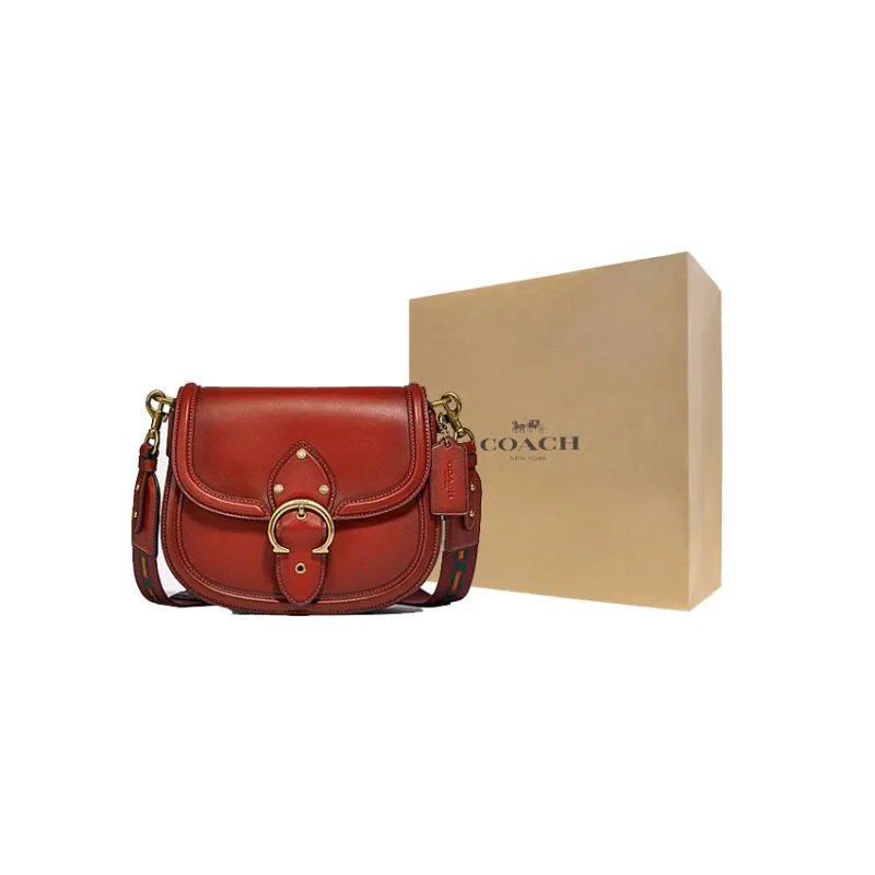 COACH Beat Leather Saddle Bag, Shoulder Bag, Crossbody Bag Small Size Women's Brown Red-4