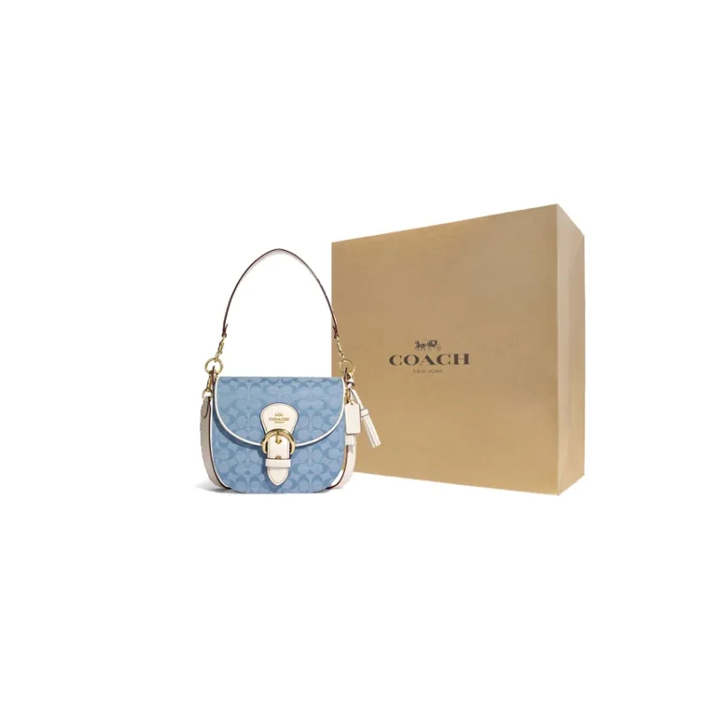 COACH Kleo Canvas With Leather Shoulder Bag Crossbody Bag Medium Size Women's Blue Monogram White-5