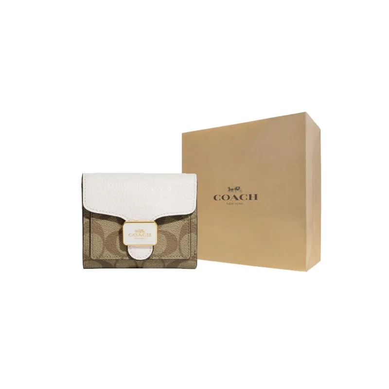 COACH Pepper Coated Canvas With Refined Pebbled Leather Card Holder, Wallet Regular Women's Khaki & Chalk White-4