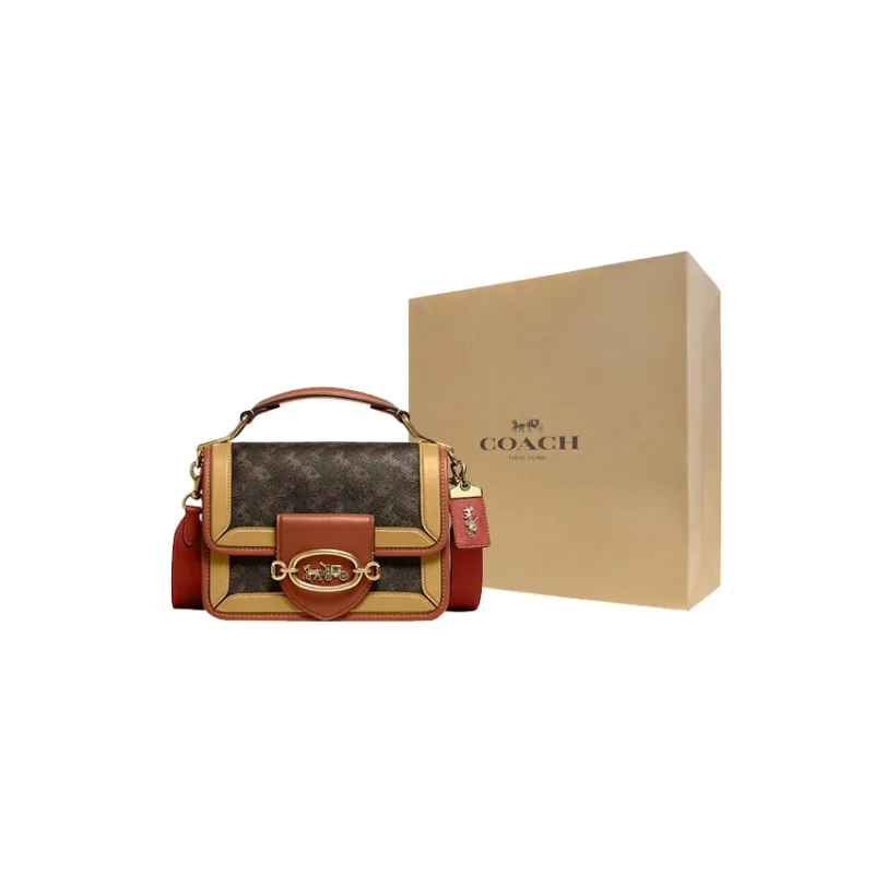 COACH Hero Leather Handbag, Shoulder Bag, Crossbody Bag Small Size Women's Yellow & Canyon Red & Monogram Brown-5