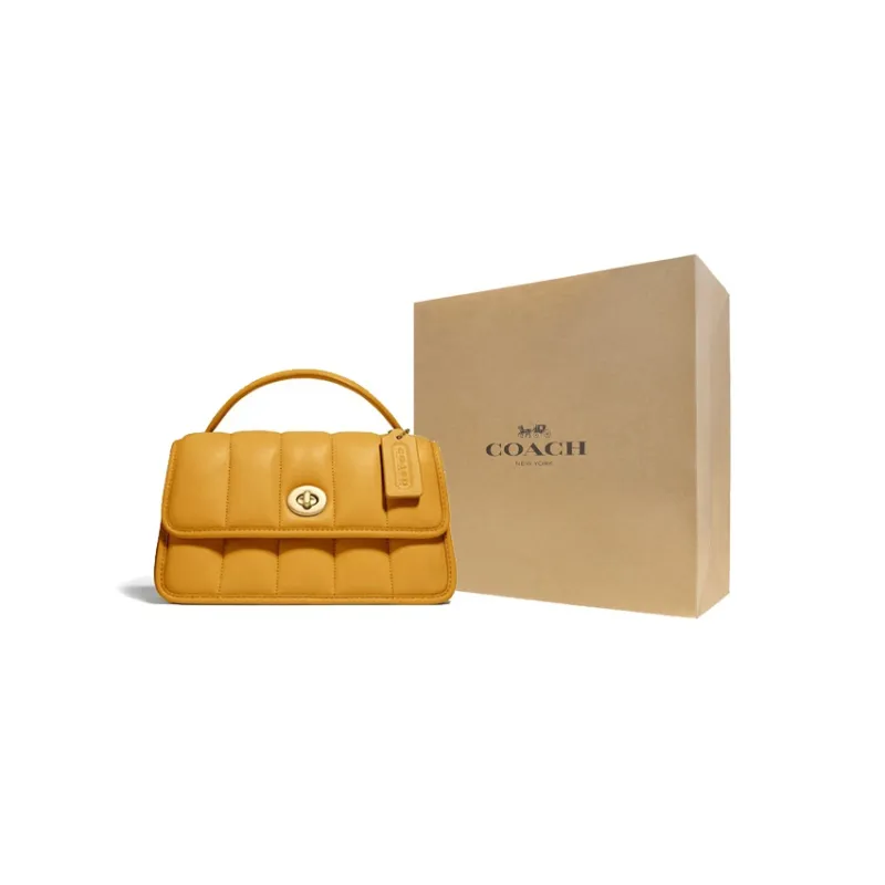 COACH Turnlock Sheepskin Leather Portable Crossbody Bag, Shoulder Bag Medium Size Women's Buttercup Yellow-3