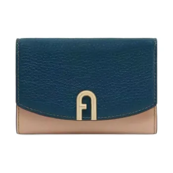 Furla Primula Calfskin Wallet Medium Size Women's Blue With Light Brown Accents