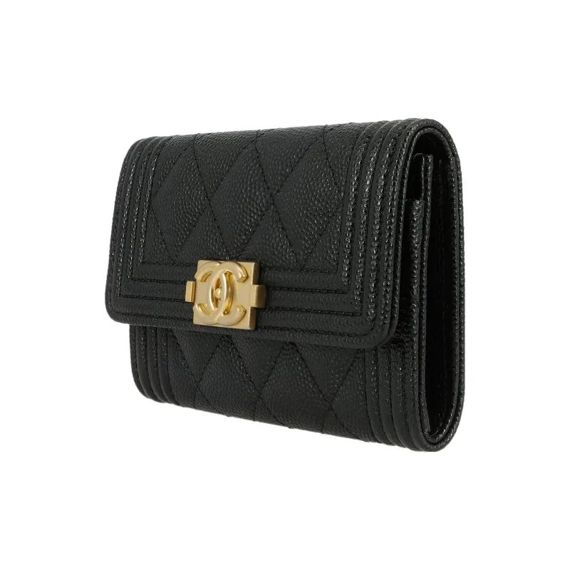 CHANEL 21K Winter Leboy Litchi Grain Sheepskin Flap Bag Card Holder, Wallet Regular Women's Black-1