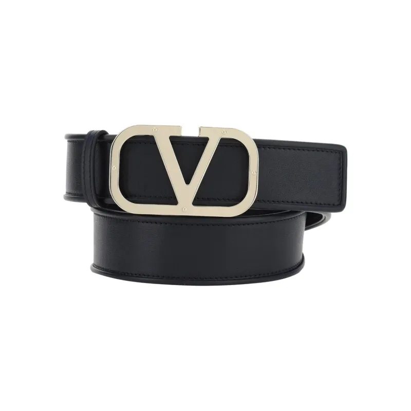 Valentino Metal Logo Smooth Buckle Cow Leather Leather Belts Women's Black-2