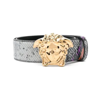 VERSACE Python Pattern Print Plate Buckle Leather Belts Men's Gray Width: 4cm