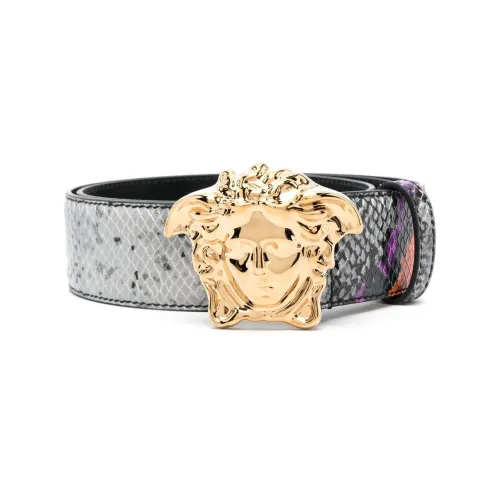 VERSACE Python Pattern Print Plate Buckle Leather Belts Men's Gray Width: 4cm