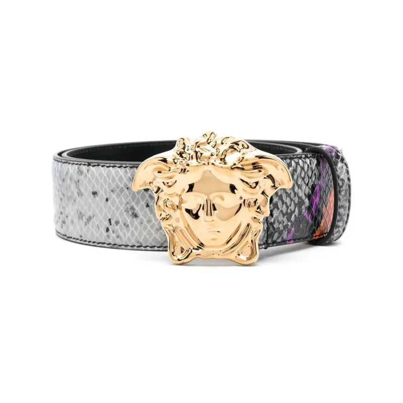 VERSACE Python Pattern Print Plate Buckle Leather Belts Men's Gray Width: 4cm-0