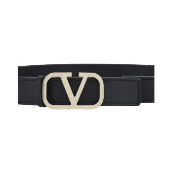 Valentino Metal Logo Smooth Buckle Cow Leather Leather Belts Women's Black