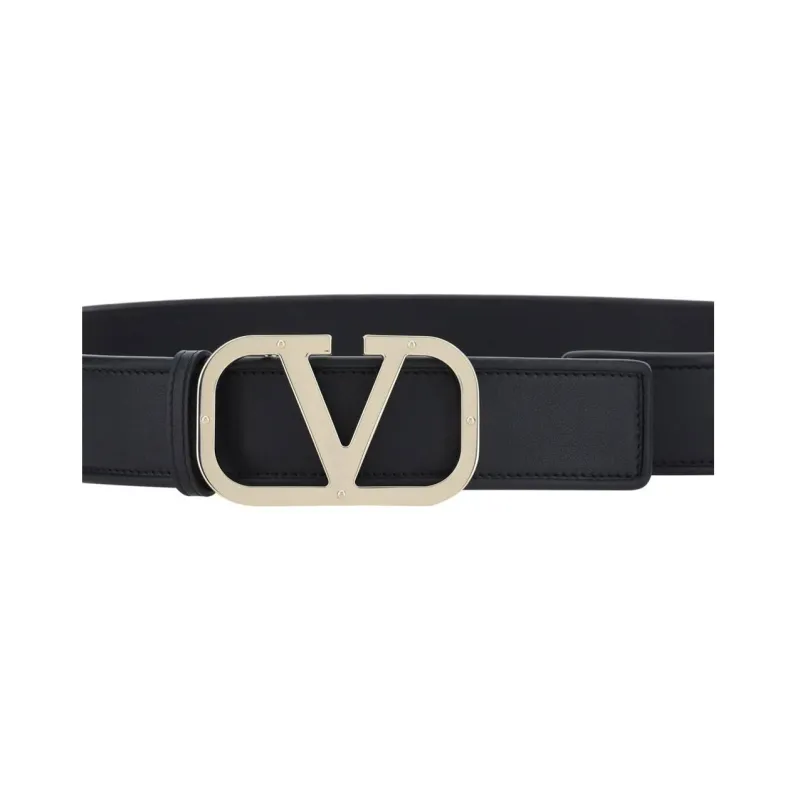 Valentino Metal Logo Smooth Buckle Cow Leather Leather Belts Women's Black-0